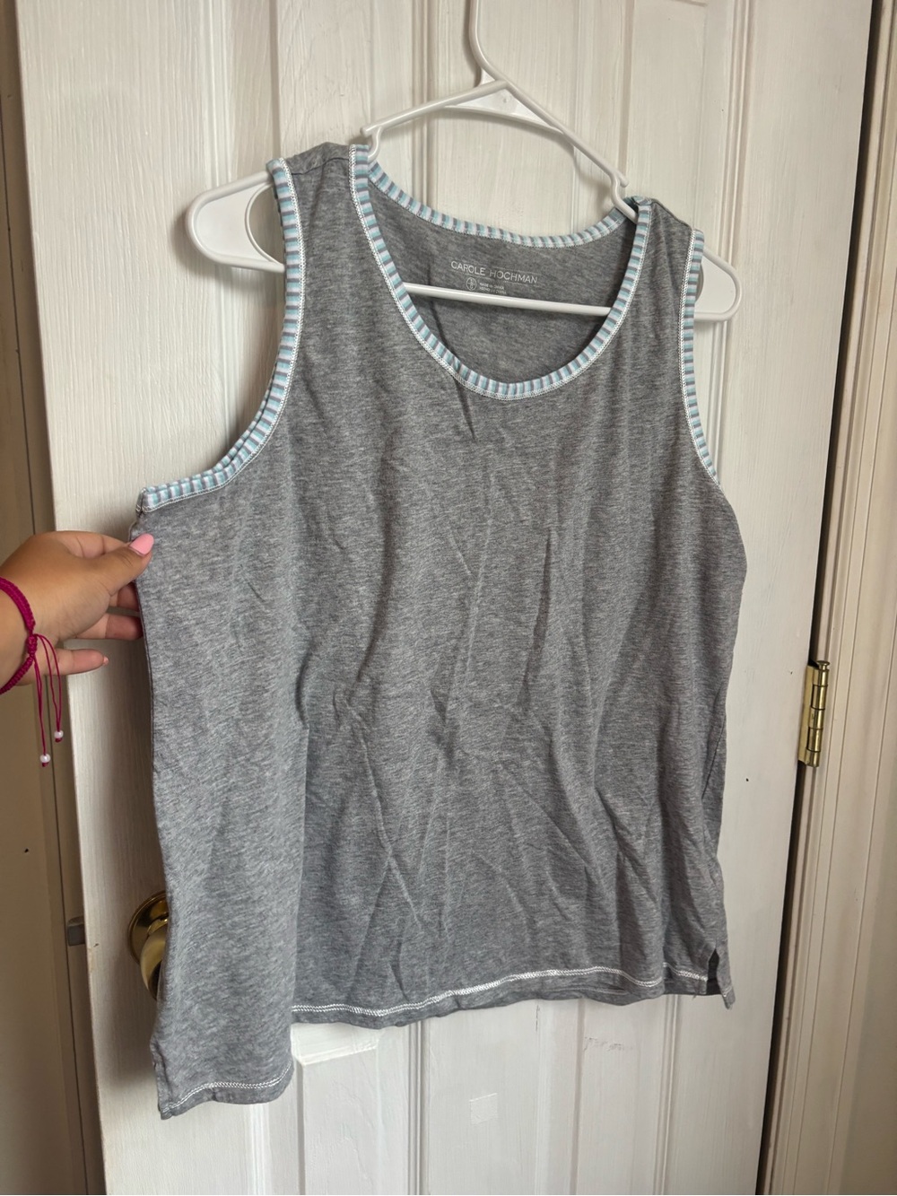 Midnight by Carole Hochman Grey Tank with Light Blue-White Striped Trim
